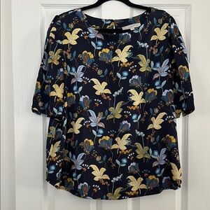 LOFT Navy Floral Blouse with Yellow and Blue Accents